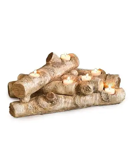 Plow & Hearth Faux Birch Wood Resin Logs Candle Holder for Fireplace | Romantic Ambiance Without Heat or Mess | Holds 8 Tea Lights| Realistic Sculpted Logs | 18"L x 10.5"W x 8"H