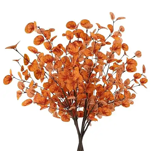 6pcs Artificial Fall Eucalyptus Leaves Stems Fall Decorations Silk Fake Eucalyptus Branches Fall Leaves for Vase Boquets Autumn Home Wedding Table Thanksgiving Decor Orange