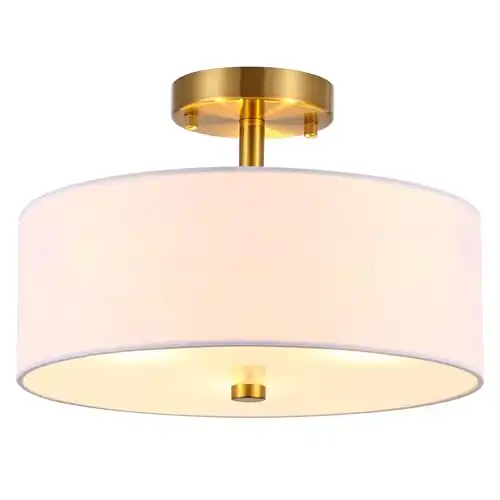 Ludil 3-Light Semi Flush Mount Ceiling Light Fixture, 13" Gold Drum Light Fixture, Modern Close to Ceiling Light with White Fabric Shade Lamps for Bedroom Living Room Kitchen Hallway Entryway