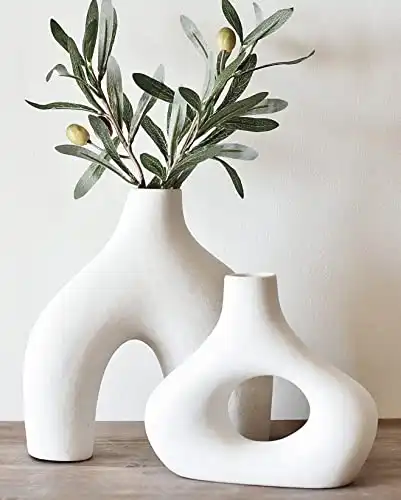 Carrot's Den Donut Vase, Set of 2 - Minimalist Nordic, White Ceramic Hollow Donut Vase Decor | Table Centerpiece, Olive Plant, Wedding, Living Room, Bookshelf, Office, Modern Home, Entryway, Cons...