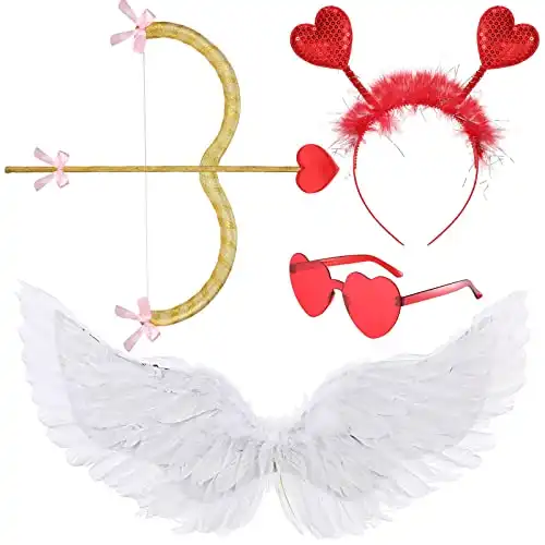 Costume Set, Cupid Bow and Arrow Feather Wings Headwear Arrows Bow Valentine Heart Rimless Sunglasses for Kids 4+ (Fresh Style)