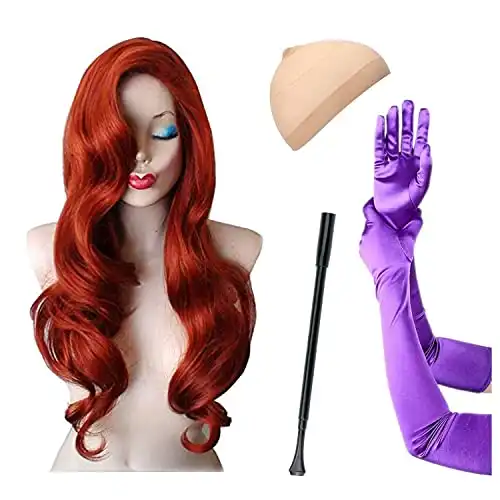 Zivyes Jessica Rabbit Costume Red Wig Purple Gloves Plastic Holder Fancy Dress Costume Set