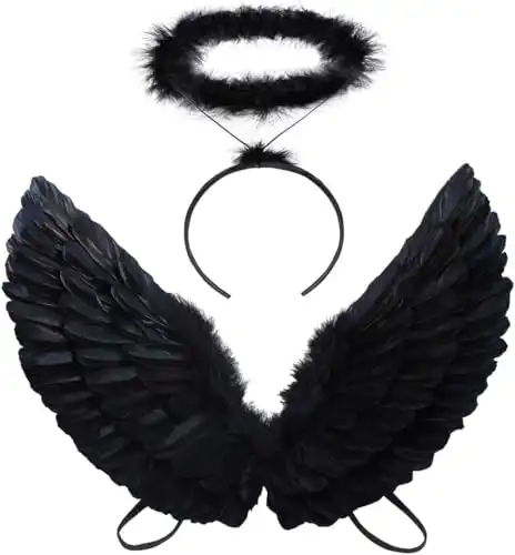 Antspirit Angel Black Wings and Halo Angel Costume for Girls Kids Women Halloween (Black)