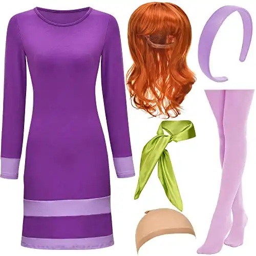 HMPRT Halloween Costume Women 2022,Purple Mini Dress,Purple Headband,Costumes Wig,Green Scarf,Socks Adult Halloween Outfit Accessories,XXL