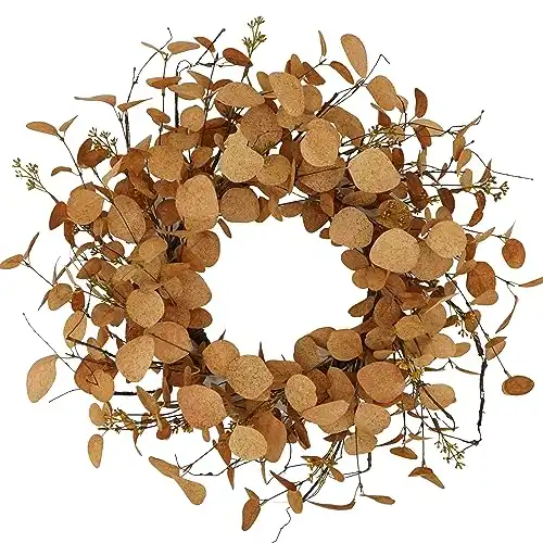 20 inch Artificial Fall Eucalyptus Wreath for Front Door with Orange Eucalyptus Leaves,Dry Vine Branches,Seed Branches for Front Door Indoor Outdoor Farmhouse Home Wall Window Festival Decor