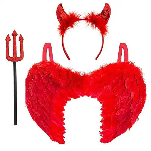 3pc Devil Costume Women – Red Angel Wings Adult Red Devil Horns and Fork Devil Set – Womens Devil Costume Red Devil Halloween Costume – Red Devil Wings Devil Pitchfork and Devil Hall...