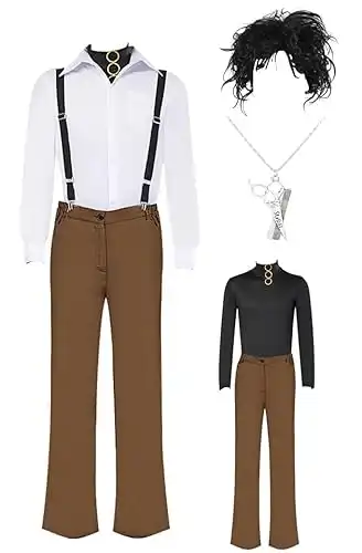 Men Edward Scissorhands Cosplay Costume Top Shirt Suspenders Pant Necklace Full Suit with Wig Accessory