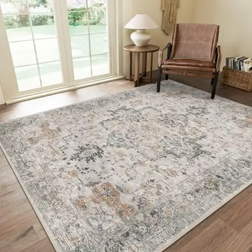 GENIMO 5x7 Area Rugs for Living Room, Machine Washable Non Slip Vintage Rugs, Low Pile Lightweight Chenille Print Rug for Bedroom, Dining Room, Home Office, Light Taupe Brown