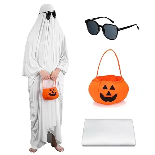 Mepase 3 Pcs Halloween Ghost Costumes Set for Adult White Sheets Boo Ghost Costume with Pumpkin Trick or Treat Bags Sunglasses for Halloween Costume Party Cosplay