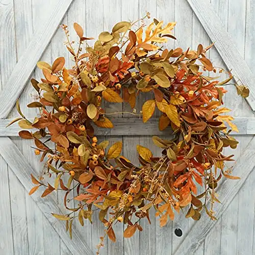 AMF0RESJ Artificial Fall Wreath for Front Door Autumn Wreath with Bright Oak Leaves,Small Pumpkin,Berry Branches,Mixed Leaves for Farmhouse Indoor Outdoor Window Wall Door Decor