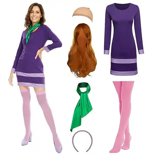 Daphne Costume Adult Women Halloween Costume Dresses Long Sleeve Bodycon Purple Dress with Green Scarf and Headband