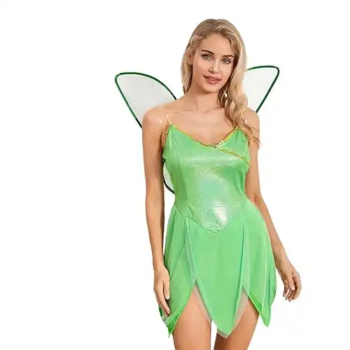 Lizxun Women's Fairy Costume Halloween Cosplay Sexy Green Elf Sequin Short Dress with Wings Fariy Dress up Outfits