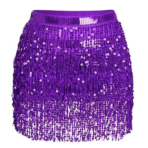 Belly Dance Hip Scarf Sequin Tassel Skirt Performance Outfits Sparkly Fringe Skirt Wrap Halloween Costume Party Festival Rave Skirt for Women and Girls, Purple