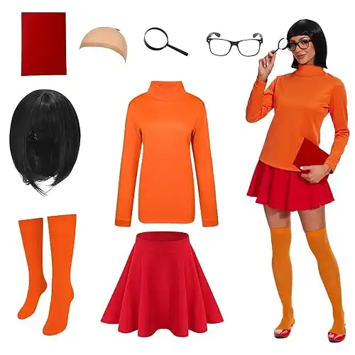 Velma Costume Adult Women Halloween Sexy Cosplay Set with Orange Turtleneck Top Bob Wig 8Pcs Classic Movie Costumes