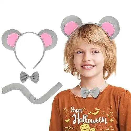 Mouse Ears Set, Rat Costume Set, Include Mouse Ears Headband Tail and Bowtie, Mouse Costume with Rat Ears for Halloween Costume Cosplay or Party Decoration