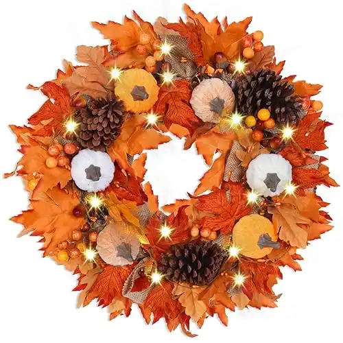 Rocinha Fall Wreaths Decorations Autumn Wreath Maples Leaf Pumpkin Pine Cone Berry Thanksgiving Harvest Outdoor Indoor Window Wall Front Door Outside Home (Pine Cones & Maple Leaves Wreath)