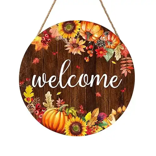 Fall Pumpkin Sunflower Front Door Sign 12"x12" Welcome Fall Door Hanger Autumn Thanksgiving Sign Farmhouse Fall Decorations Hanging Porch Sign Rustic Autumn Outdoor Plaques Wall Art Sign for...