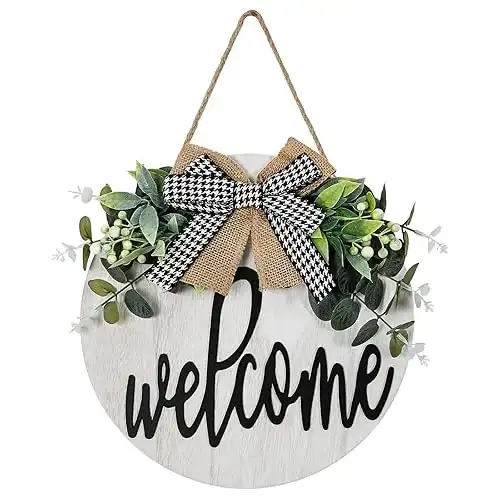 KHOYIME Welcome Sign for Front Porch Door Greenery Wreaths, Vintage White Round Wooden Door Decor Rustic Farmhouse Wall Hanging Indoor Outdoor Decoration All Seasons for Holiday Home Office Restaurant