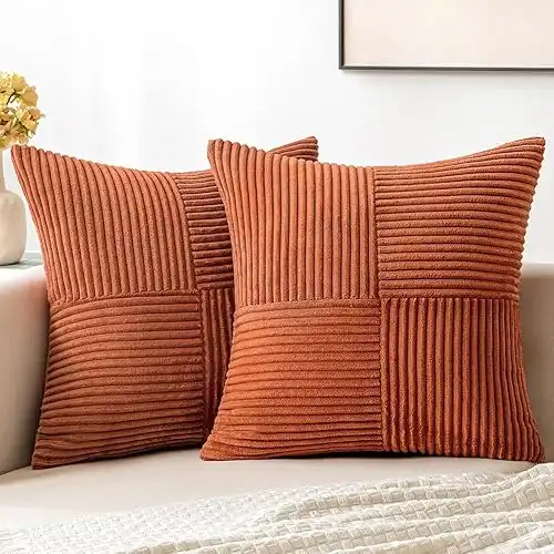 MIULEE Fall Rust Corduroy Pillow Covers Pack of 2 Boho Decorative Spliced Throw Pillow Covers Soft Solid Couch Pillowcases Cross Patchwork Textured Cushion Covers for Living Room Bed Sofa 18x18 inch