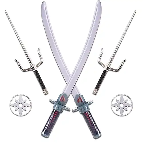 Kangaroo 6-Piece Ninja Halloween Costume Accessories - Toy Swords Set for Kids, Anime Swords for Ninja Kids Toys | Ninja Weapons for Boys, Silver Katanas, SAIS, and Stars Samurai Sword for 8-12