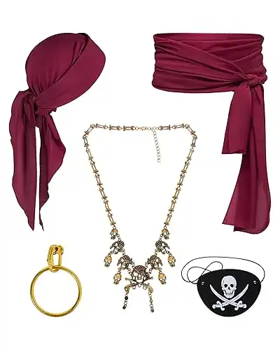 Pirate Costume Women Men 5Pcs Pirate Head Scarf Bandana Pirate Sash Belt Accessories Set Red