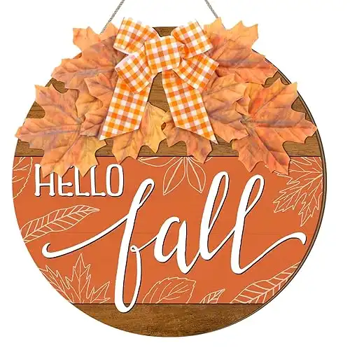 Hello Fall Sign for Front Door Thanksgiving Wooden Hanging Sign Fall Wreaths Maple Leaves Welcome Sign with Bow Welcome Sign Farmhouse Fall Sign for Home Autumn Harvest Front Porch Decor