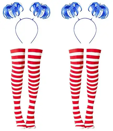 IMISHM 4 Pcs Halloween Costume Accessories Include Blue Ponytail Headband Long Knee Thigh High Striped Socks for Halloween Party Supplies