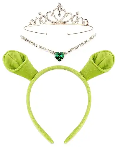 3Pcs Green Ogre Ears Headband Crown Heart Necklace Costume Party Accessories Halloween Cosplay Set