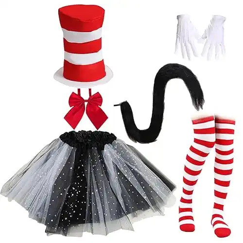 Womens Top Hat Costume Set, Red White Striped Top Hat & Tutu Halloween Spirit Day Cosplay Outfits Accessories (Red Striped)