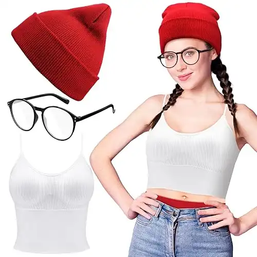 3 Pcs Halloween Subway Women Costume Accessories Cami Top Slouchy Red Beanie Cap Knit Hat Square Non-prescription Eyeglasses for Women Halloween Party