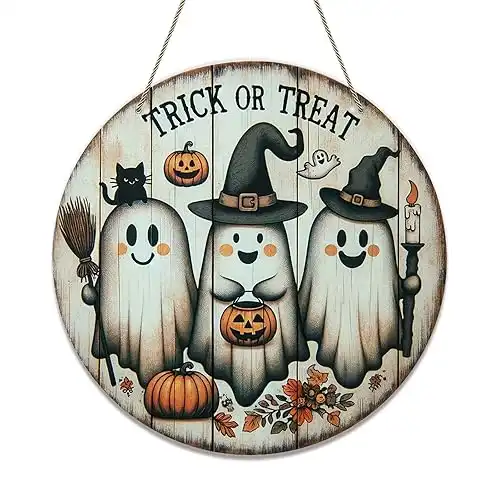 Halloween Door Decoration Round Halloween Door Sign Halloween Front Door Welcome Sign Ghost Pumpkin Door Hanger Vintage Trick or Treat Hanging Sign for Home Kitchen Garden Porch Decor