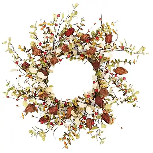 YNYLCHMX 18" Fall Wreaths for Front Door, Artificial Autumn Wreath, Fall Wreath with Eucalyptus Leaves and Berries for Home Porch Window Wall Farmhouse Decor, Indoor Outdoor, Holiday Decor