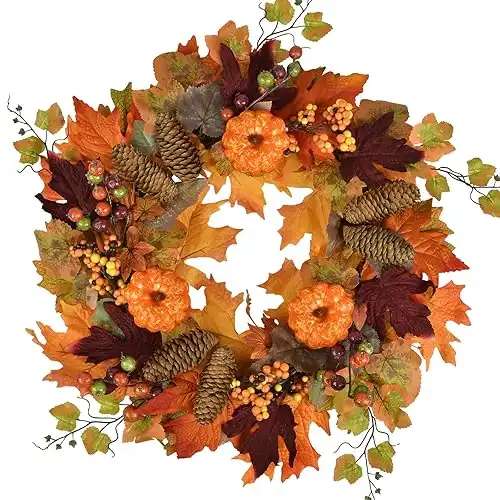 Fall Wreath, 20 Inch Front Door Wreath with Handmade Pine Cones Pumpkin Door Wreath for Autumn and Farmhouse Decoration