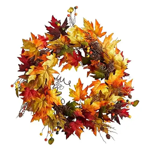 Nearly Natural 24in. Autumn Maple Leaf and Berries Artificial Fall Wreath with Twig Base