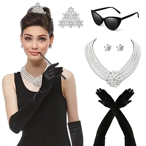 Zivyes Audrey Hepburn Costume Breakfast at Tiffany's Decorations 1920s Accessories Vintage Sunglasses Comb Necklace Earrings