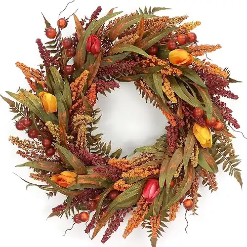 24 Fall Wreath - Fall Wreaths for Front Door with Foliage, Berry Cattails and Flowers for Outdoors, Indoor Walls, Windows, Holidays, Thanksgiving,Harvest Wreaths Fall Decorations