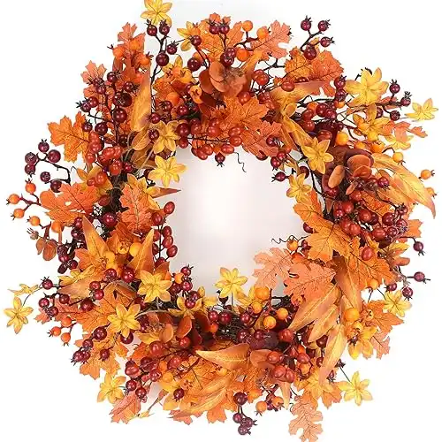 24 Fall Wreath - Artificial Fall Wreaths for Front Door with Maple Leaves, Berries for Outside Indoor Wall Window Festival Thanksgiving Autumn Wreaths Decor