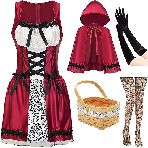 Halloween Costume for Women, Adult Red Dress with Cape Basket Gloves and Net Tights Accessories