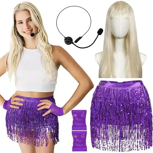 4 Pcs Halloween Pop Singer Costume Accessory Headset Wig Sequin Tassel Skirt Fishnet Gloves for Women Cosplay Party