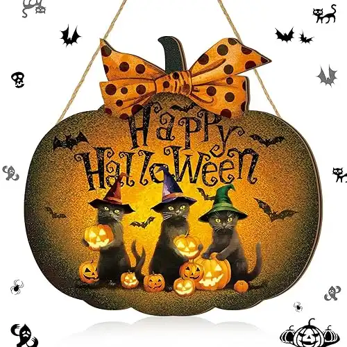 Huwena Halloween Welcome Door Sign Hanging Sign Wood Vintage Rustic Door Hanger Decor Halloween Horror Pattern Welcome Front Door Sign Wall Decoration for Indoor Outdoor Party (Black Cat Style)