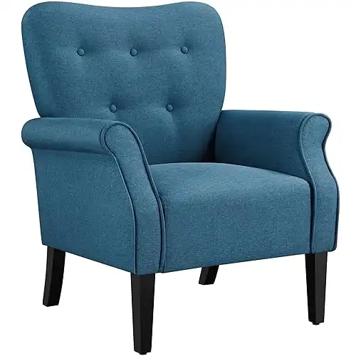 Yaheetech Modern Armchair, Mid Century Accent Chair with Sturdy Wood Legs and High Back for Small Space, Upholstered Fabric Sofa Club Chair for Living Room/Bedroom/Office, Navy Blue