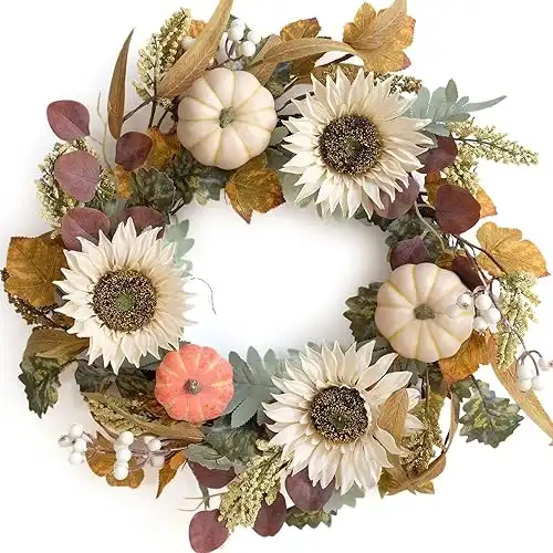 idyllic 20" Artificial Pumpkins White Sunflower Autumn Wreath with Green and Yellow Leaves Flower Wreath for Front Door Indoor Wall Wedding Home Decoration