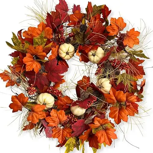 Fall Wreaths for Front Door,24 Inch Autumn Large Pumbkin Wreath with Berry,Maple Leaves and Pine Cone,Thanksgiving Harvest Festival Wreaths Indoor and Outdoor Wall, Window,Home Door Decor