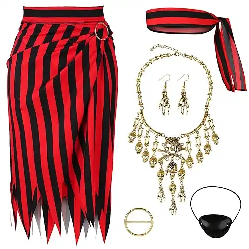 Pirate Costume Women with Accessories Set Womens Pirate Skirt Headscarf Necklace Full Halloween Role Play Outfits Red