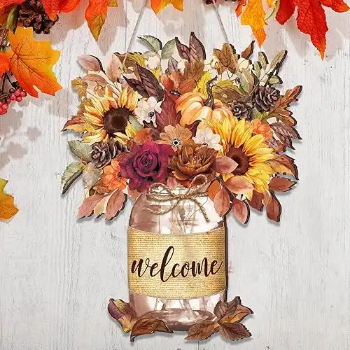 Spiareal Fall Welcome Door Sign Mason jar Flowers Fall Wreath Rustic Wood Autumn Wall Decor for Front Door Vintage Farmhouse Wooden Hanging Art Decorations for Outdoor Porch Front Door Decoration