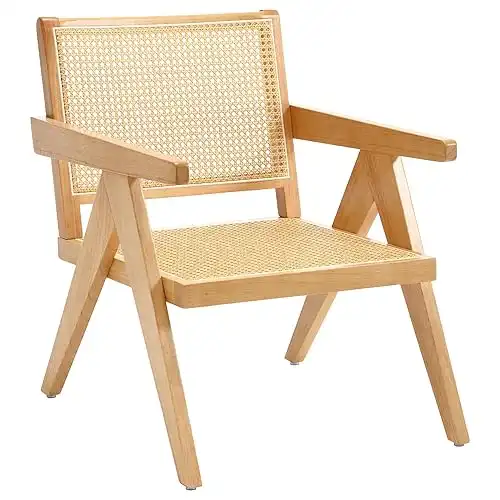 Westice Rattan Accent Chairs 1PC, Mid-Century Modern Living Room Chairs with Woven Backrest & Seat, Comfy Armchairs, Wooden Cane Leisure Chairs for Bedroom, Reading, Lounge, Balcony, Natural