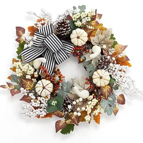 Fall Wreath for Front Door, 20" Autumn Pumpkin Wreath with Leaves Pine Cones Bow for Outdoor Porch Decor Farmhouse Thanksgiving Harvest Home Decorations