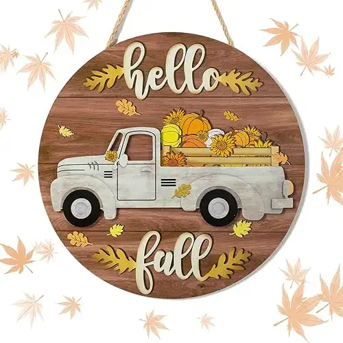 Fall Decor Front Door: Hello Fall Sign Autumn Pumpkin Truck - Harvest Wall Hanging Maple Leaves - Farmhouse Decorations Thanksgiving Pumpkins Signs for Home Porch