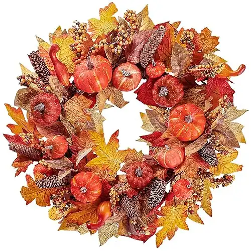 Sggvecsy Artificial Fall Wreath 18 Autumn Front Door Wreath Harvest Wreath with Various Pumpkin Cluster of Berries Maple Leaves Pine Cones for Outside Indoor Wall Thanksgiving Fall Autumn Decor