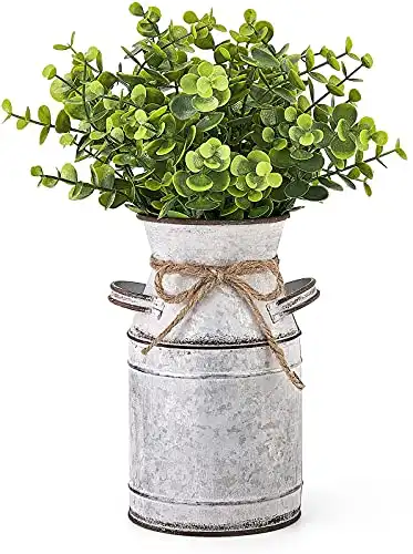 Dahey Metal Flower Vase with Artificial Eucalyptus Farmhouse Decor Rustic Shabby Chic Milk Can Galvanized Jug Planter Fake Plants in Decorative Tin Vase for Table Centerpieces Bedroom Kitchen Decor